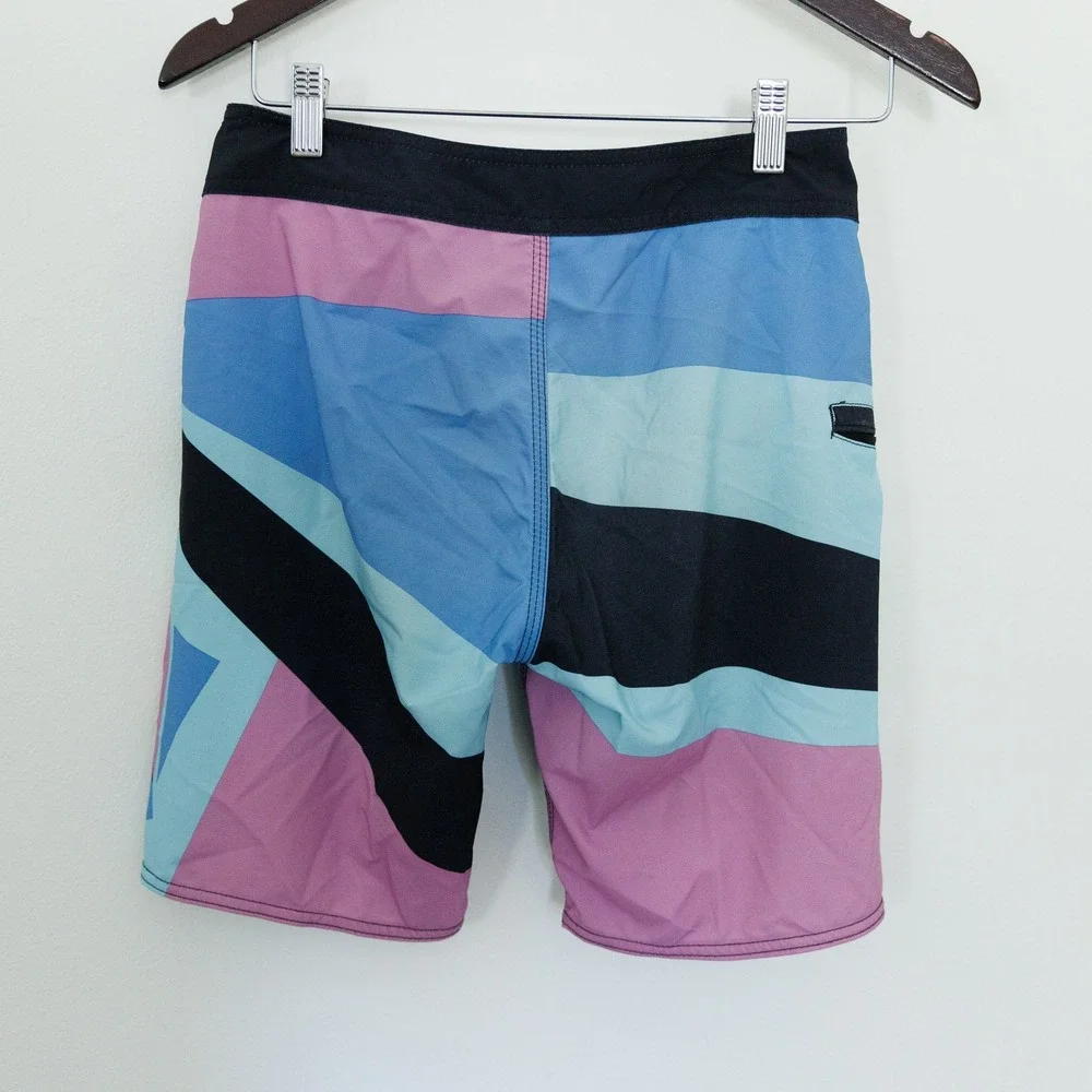 Volcom Mod-Tech Boys Board Shorts Size 27 Blue Pink Geometric Swim Trunks